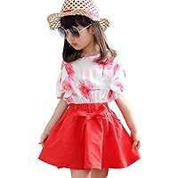 Girls Summer Flower Clothing Sets Ruffle Short Sleeve T-Shirts and Skirt Set for Age 3-12 Years