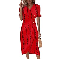 Dresses for Women 2024 V Neck Short Sleeve Dresses Ruffle Hem Printed Dress Summer Beach Dress Midi Elegant Dresses