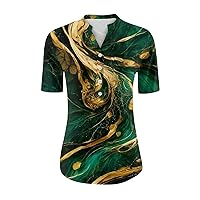 Tops for Women Fashion V-Neck with Pockets Tee Blouse Short Sleeve Print T Shirt Button Down Casual Loose Shirt
