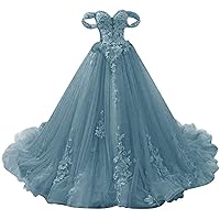 Women's Off The Shoulder Sweet 16 Quinceanera Dresses Lace Long Prom Ball Gowns Gray Blue