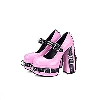 Frankie Hsu Women's Gothic Large Size Black Patent Leather Buckle Belt Ring Rivet Shinny Sexy Platform Chunky High Heels Ankle Strap Heeled Bootie Shoes