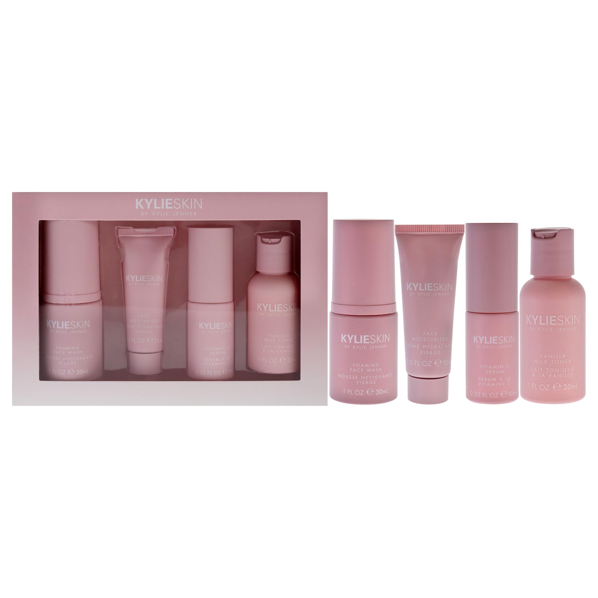 Skin Discovery Set by Kylie Cosmetics for Women - 4 Pc 1 oz Foaming Face Wash, 0.5 oz Face Moisturizer, 0.3 oz Vitamin C Serum, 1 oz Vanilla Milk Toner