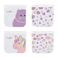 melii Reusable Sandwich & Snack Bags for Kids & Adults, Food Storage, Organization & Meal Prep Containers, Leakproof, BPA free, 4 Pack, 2 Cat & 2 Unicorn