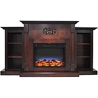 Sanoma 72 Inch Freestanding Electric Fireplace Heater with Traditional Mantel, Built-In Bookshelves, LED Multicolor Flames, Timer, Remote Control, Log Display, Mahogany