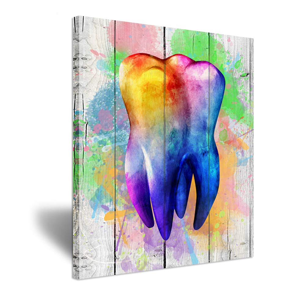 Zlove Dental Wall Art Print Abstrat Colorful Tooth on Vintage Wood Background Stretched and Framed For Clinic Office Living Room Home Decoration Re...