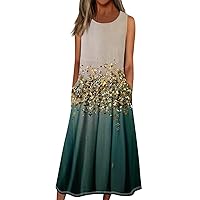 Casual Sundresses for Women Maxi Dresses for Women 2024 Summer Casual Print Bohemian Beach Dress Sleeveless Crewneck Dress with Pockets Light Blue XX-Large