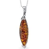 PEORA Genuine Baltic Amber Designer Pendant Necklace and Earrings in Sterling Silver, Rich Cognac Color