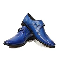 Modello Bluto - Handmade Italian Mens Color Blue Monk Shoes Dress Oxfords - Cowhide Hand Painted Leather - Buckle