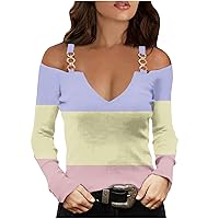 Cold Shoulder Blouse Womens Notched V Neck Long Sleeve Shirts Sexy Color Block Tunic Tops Spring Fashion Clothes