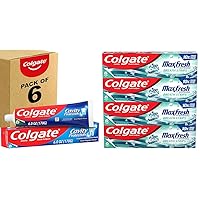 Colgate Cavity Protection Toothpaste with Fluoride, Great Regular Flavor, 6 Ounce (Pack of 6) & Max Fresh Whitening Toothpaste with Mini Strips, Clean Mint Toothpaste for Bad Breath