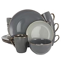 Round Stoneware Grand Collection Dinnerware Dish Set, 16 Piece, Assorted Solid Gray