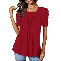 Women's Top Ruched Short Sleeve Shirts Business Casual Round Neck Blouse Babydoll Pleated Tunics Tops Loose Fit T-Shirt