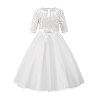 PLUVIOPHILY Champagne Tulle Wedding Flower Girl Dress Ivory Lace Short Sleeves Christening Communion Dress