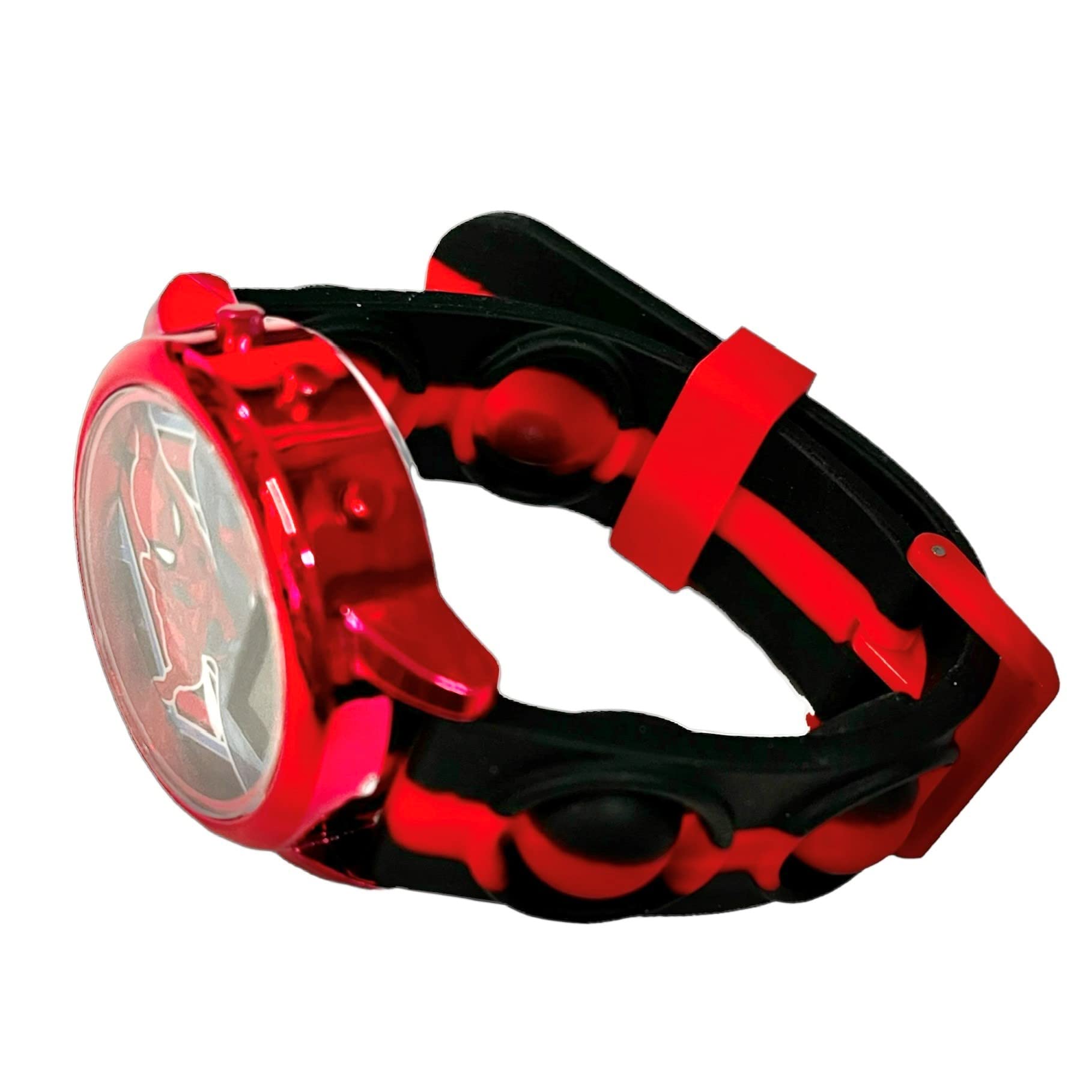 Accutime Kids Marvel Spiderman Red Digital LCD Quartz Wrist-Watch with Multicolor Flashing Popper Strap for Boys, Girls and Toddlers (Model: SPD4845AZ)