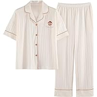 2 Pcs Girl Teens Pajamas Cotton Pan Collar Button Down Short Sleeve Tee Top+ Pants Loungewear PJ Clothes Set