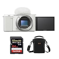Sony ZV-E10 APS-C Mirrorless Interchangeable Lens Vlogging Camera, White - Bundle with PRO 64GB UHS-I U3 SDXC Memory Card, 120 Multi-Device Shoulder Bag