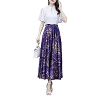 Women's Chiffon Dress Short Sleeve High Neck Floral Print Lace Patchwork A Line Midi Dresses