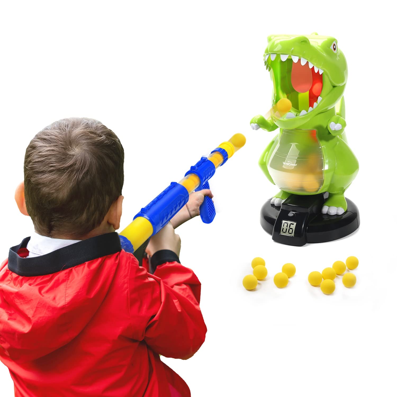 EagleStone Dinosaur Shooting Toys for Boys, Kids Target Shooting Games w/ Air Pump Gun Birthday Party Supplies & LCD Score Record, Sound, 24 Foam Balls Electronic Target Practice Gift for Toddlers