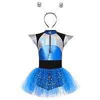 Kids Girls Halloween Alien Cosplay Costume Shiny Spangles Dress with Hair Hoop for Carnival Party
