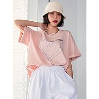 Women's T-Shirt Slogan & Heart Print Drop Shoulder Tee (Color : Baby Pink, Size : XX-Large)