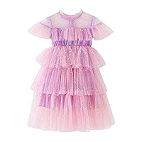 Toddler Girls Fly Sleeve Star Moon Paillette Princess Dress Rainbow Tie Dye Dance Party Ruffles Pocket Swing Dress