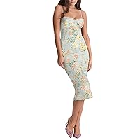 Women's Summer Spaghetti Strap Floral Maxi Dress Y2K Sexy Backless Split Long Dresses Low Cut Bodycon Midi Dress