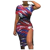 Patriotic Summer Dresses for Women 2024 American Flag Casual Dresses Short Sleeve Crew Neck Hem Slit Hip Beach Dresses
