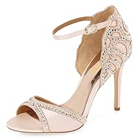 XYD Women's Sandals, Chic Peep Toe, D'Orsay Low High Heels, Rhinestone Studs, Ankle Strap Satin Shoes for Wedding Ballroom