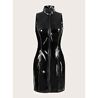 Dresses for Women Women's Dress Zip Up PU Leather Bodycon Dress Dresses (Color : Black, Size : Small)