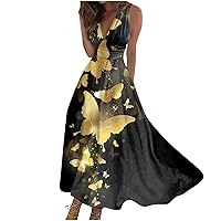 Summer Dresses for Women 2024 Elegant Wrap V Neck Sleeveless Marble Printed Sundress Flowy Swing Beach Resort Wear