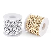 Pandahall 32.8 Feet Aluminium Curb Chains Twisted Links 10x6.5x1.8mm Golden Plated Cross Cable Chains with Spool for Bracelet Necklace Jewelry Making (10x6.5x1.8mm-Gold & Silver)