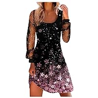 Sexy Splicing Mesh Long Sleeve Cocktail Party Shift Dress for Women Square Neck Mini Spring Dress for 2023