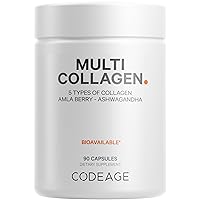 Codeage Multi Collagen Peptides Protein Capsules, 5 Collagen Types, Grass-Fed Hydrolyzed Collagen Pills Supplement, Ashwagandha, Amla Berry, Bone Broth, Joint, Skin, Hair, Nails Support, 90 Count