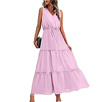 Summer Dresses for Women Sleeveless V Neck Ruffle Tiered Flowy Dress Solid Color Beach Party Vacation Sundresses