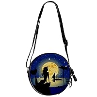 suojapuku Small Crossbody Bags for Women,Round Shoulder Bag Purse,Mermaid night and moon,Cellphone Bags Handbags