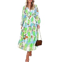 Sissyaki Women's Long Sleeve Boho Floral Maxi Dress Smocked Beach Flowy Dress Geometry -Watercolour S