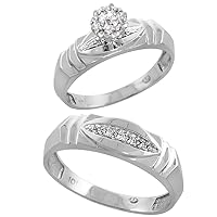 Genuine 10k White Gold Diamond Trio Wedding Sets for Him and Her Eye Channel 3-piece 6mm & 5mm wide 0.09 cttw Brilliant Cut sizes 5-14