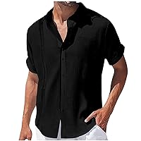 Men's Cotton Linen Short Sleeve Shirts Loose Fit Button Down T-Shirt for Men Summer Beach Tee Tops with Pocket