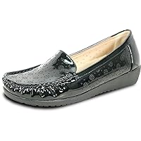 Women Comfort Casual Wedge Shoe Slip-On Loafer ML Collection Round Toe Penny Loafer Removable Insole Black Champagne
