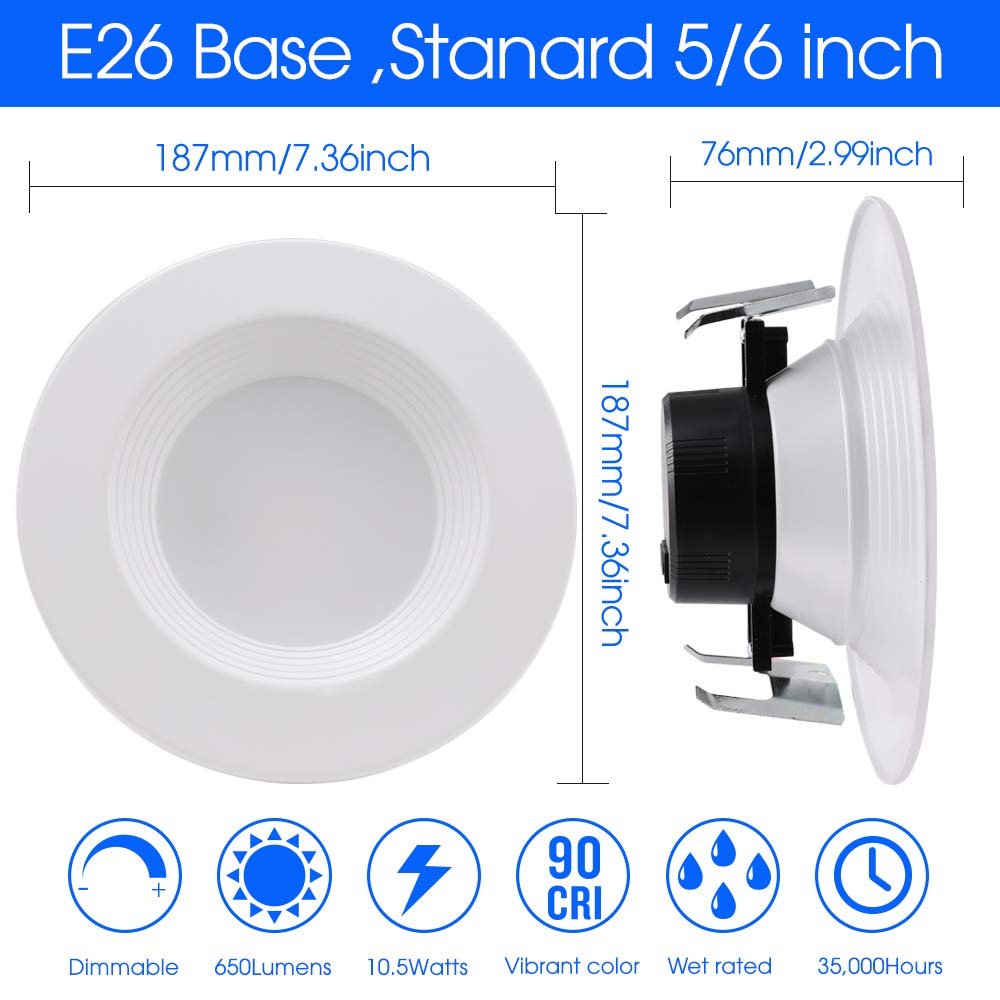 Energetic 12 Pack 5/6 Inch 5CCT LED Recessed Downlight, Baffle Trim, Wet Rated, E26 Base Screw in, 10.5W=85W, Dimmable, Simple Retrofit Installation, Energy Star & ETL Listed