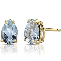 Peora 14K Yellow Gold Aquamarine Earrings for Women, Genuine Gemstone Solitaire Studs, 7x5mm Pear Shape, 1 Carat total, Friction Back