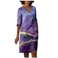Short Sleeve Fashion Party Dresses Ladies Mini Holiday Softest V Neck Tunic Dress Women Pocket Comfy Printing Purple XXL