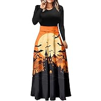 XJYIOEWT Long Sundresses for Women 2024 with Sleeves, Womens Halloween Dresses Long Sleeve Crewneck High Waisted Dress