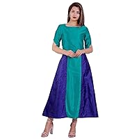 Indian Women Poly Art Blue Silk Dress Gown Frock Tunic Party Wedding Wear fit & FlaBlue midi Dress