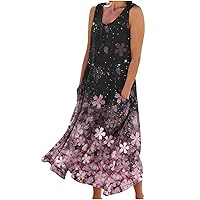Women's Summer Sleeveless Crewneck Floral Linen Maxi Party Dress with Pockets Casual Loose Boho Beach Flowy Sundress