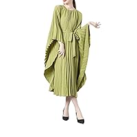 Womens Dresses Women's Silk Dress Pleated Long Sleeve Round Neck Loose Fit Holiday Dress