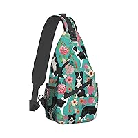 Border Collie Florals Print Crossbody Backpack Shoulder Bag Cross Chest Bag For Travel, Hiking Gym Tactical Use