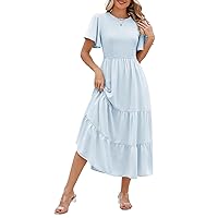 Pink Queen Women's Casual Maxi Dresses with Pockets Ruffle Sleeve Smocked Dress