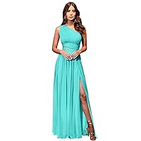 Long Split Bridesmaid Dresses Turquoise Plus Size One Shoulder Pleated Chiffon Formal Dress with Pockets Size 20W