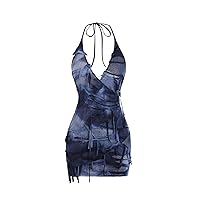 MakeMeChic Women's Tie Dye Distressed Y2K Halter Dress Sleeveless Wrap V Neck Bodycon Mini Dress